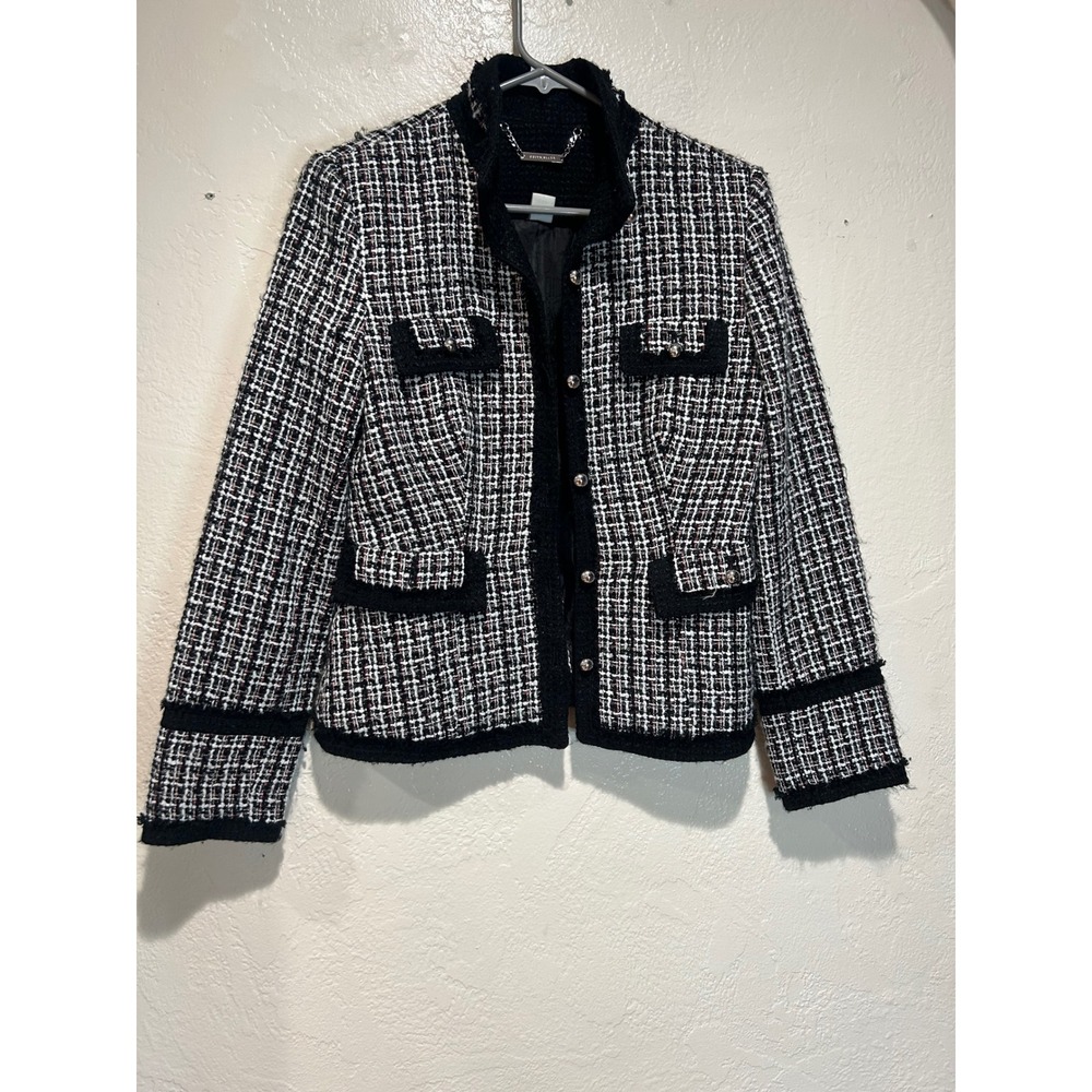 White House Black Market Silk Blend Tweed Blazer Jacket Black White Fringe Sz 6